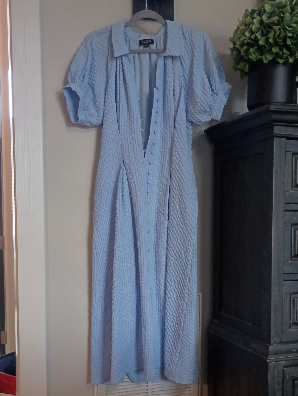 Textured Light Blue Button-Front Midi Dress